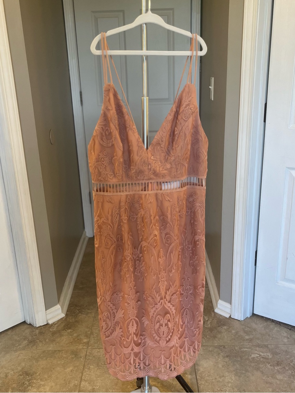 Pink Lily Blush Lace Midi Dress with Spaghetti Straps